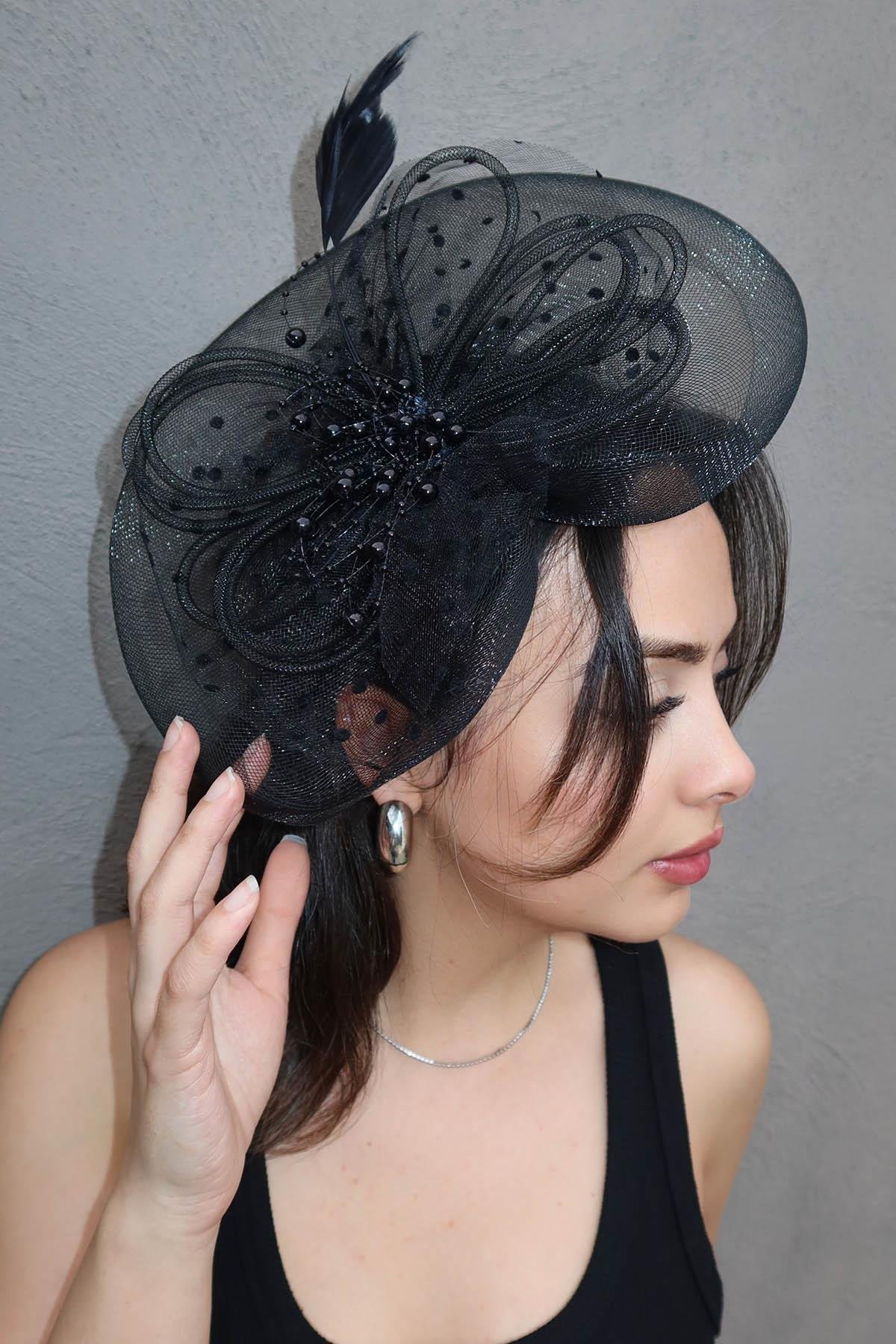 Siyah Renk Tüy Detaylı Nikah Şapkası/Vualet Şapka