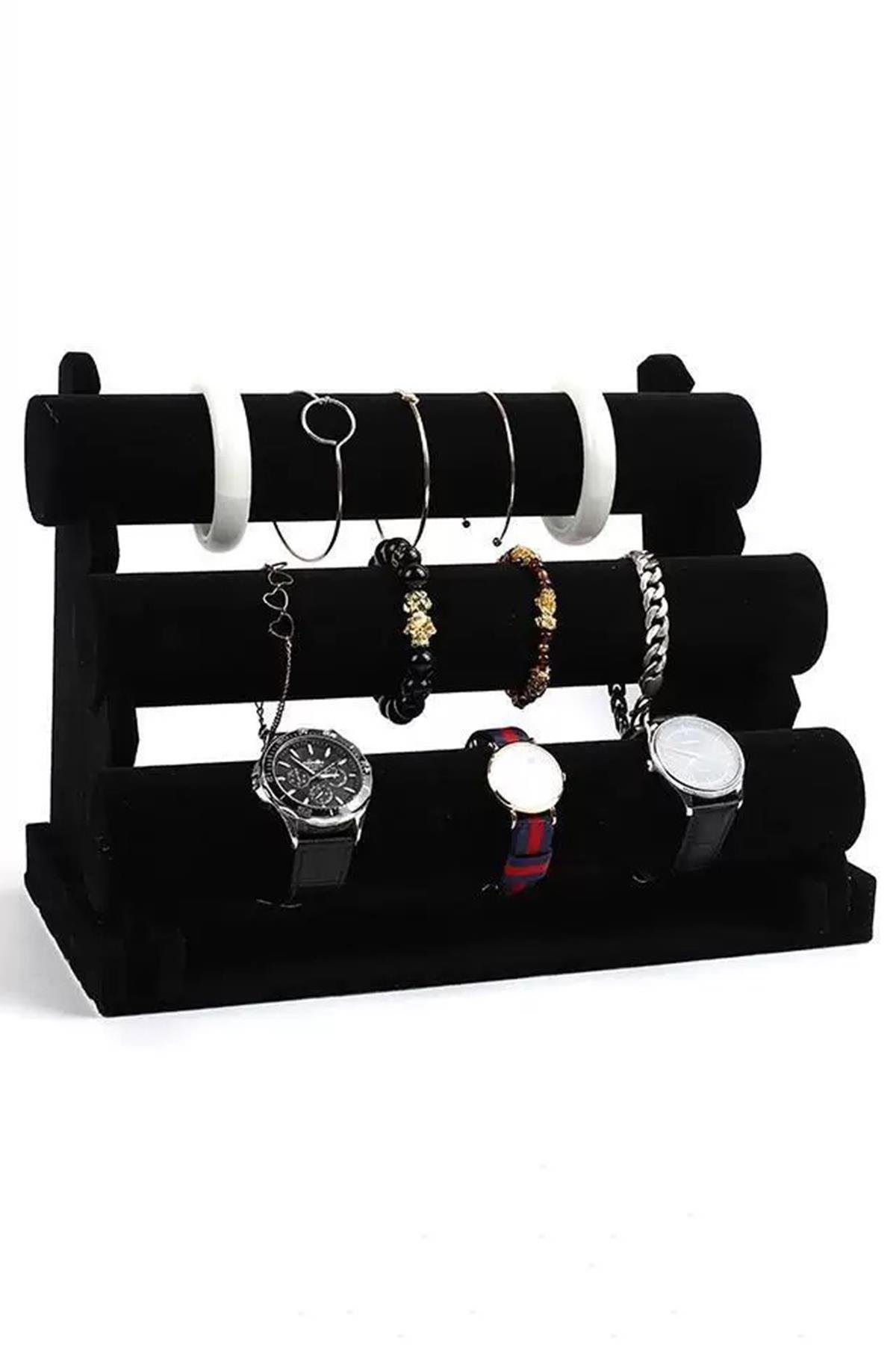 Siyah Renk Üç Katlı Süet Saat/Bileklik Takı Standı