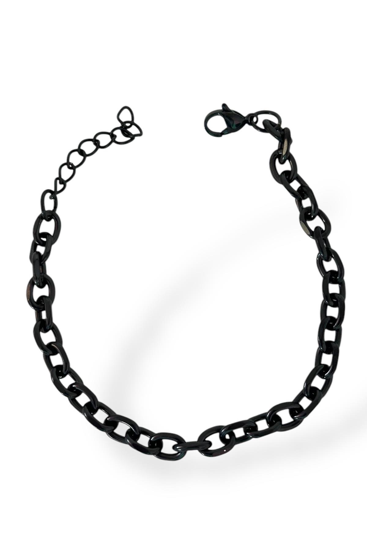 Siyah Renk Zincir Detaylı Çelik Erkek Bileklik