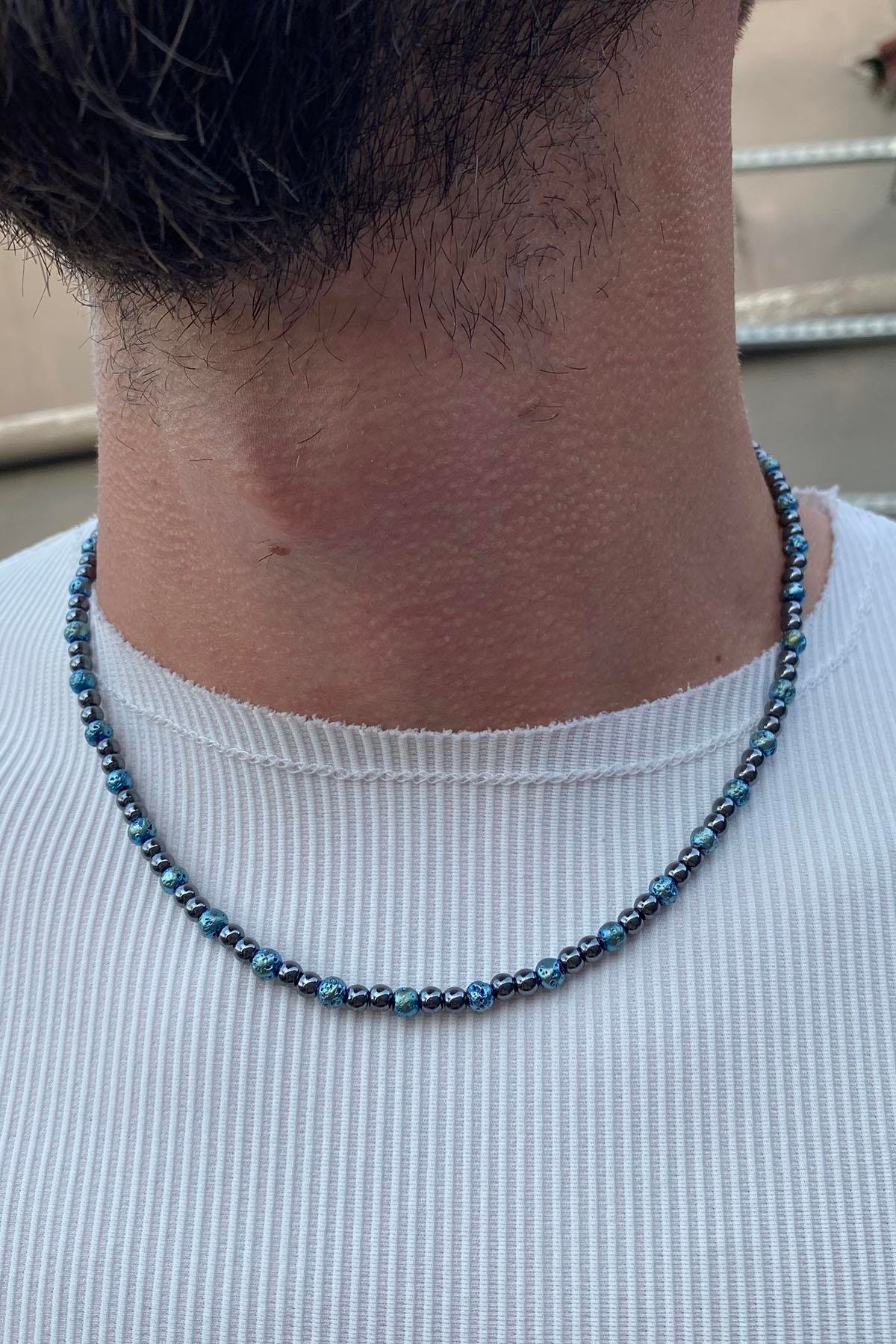 Siyah Ve Mavi Renk Boncuk Detaylı Erkek Kolye