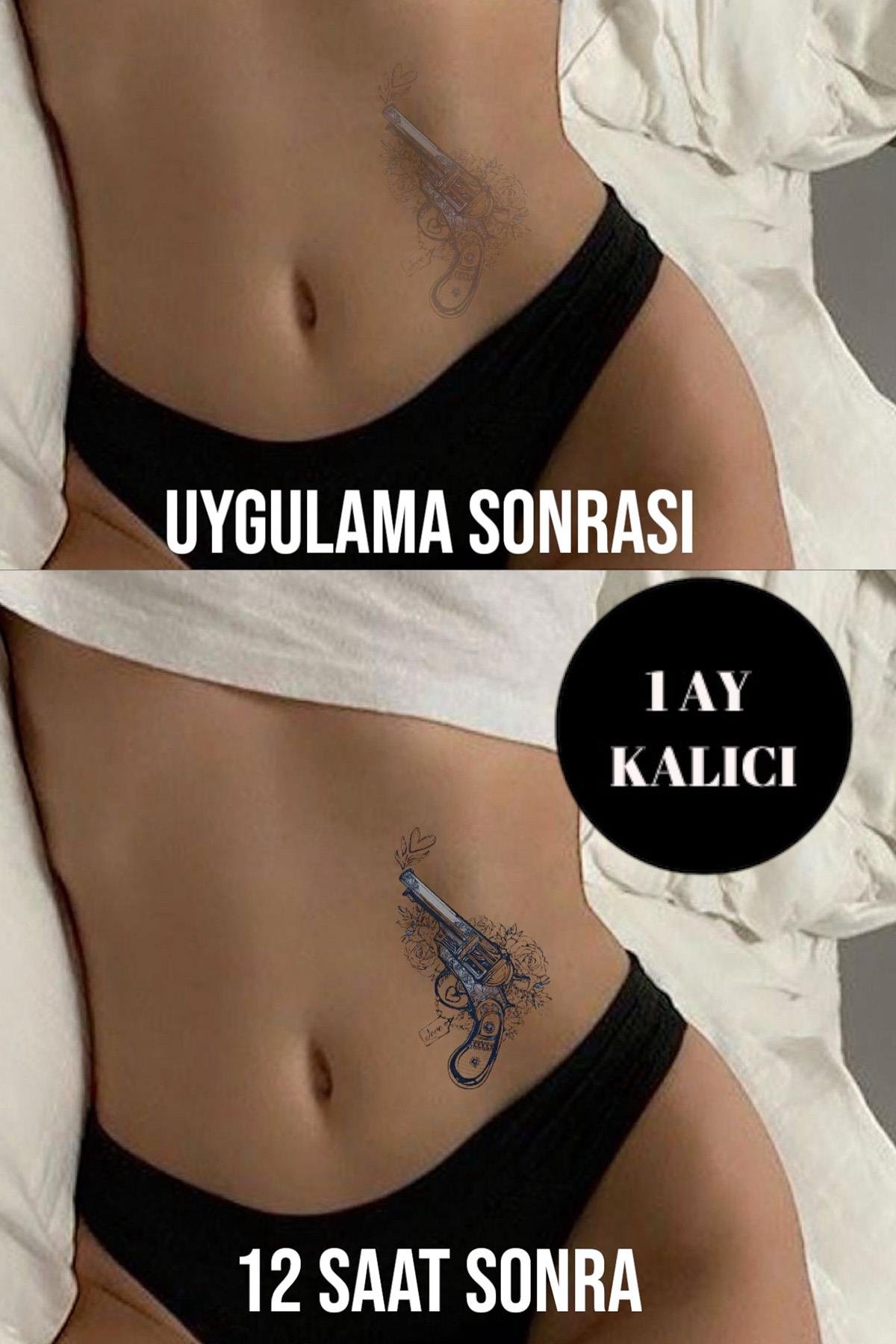 Tabanca Ve Çiçek Figürlü 12 Saat Sonra Kararan Geçici Dövme Tattoo
