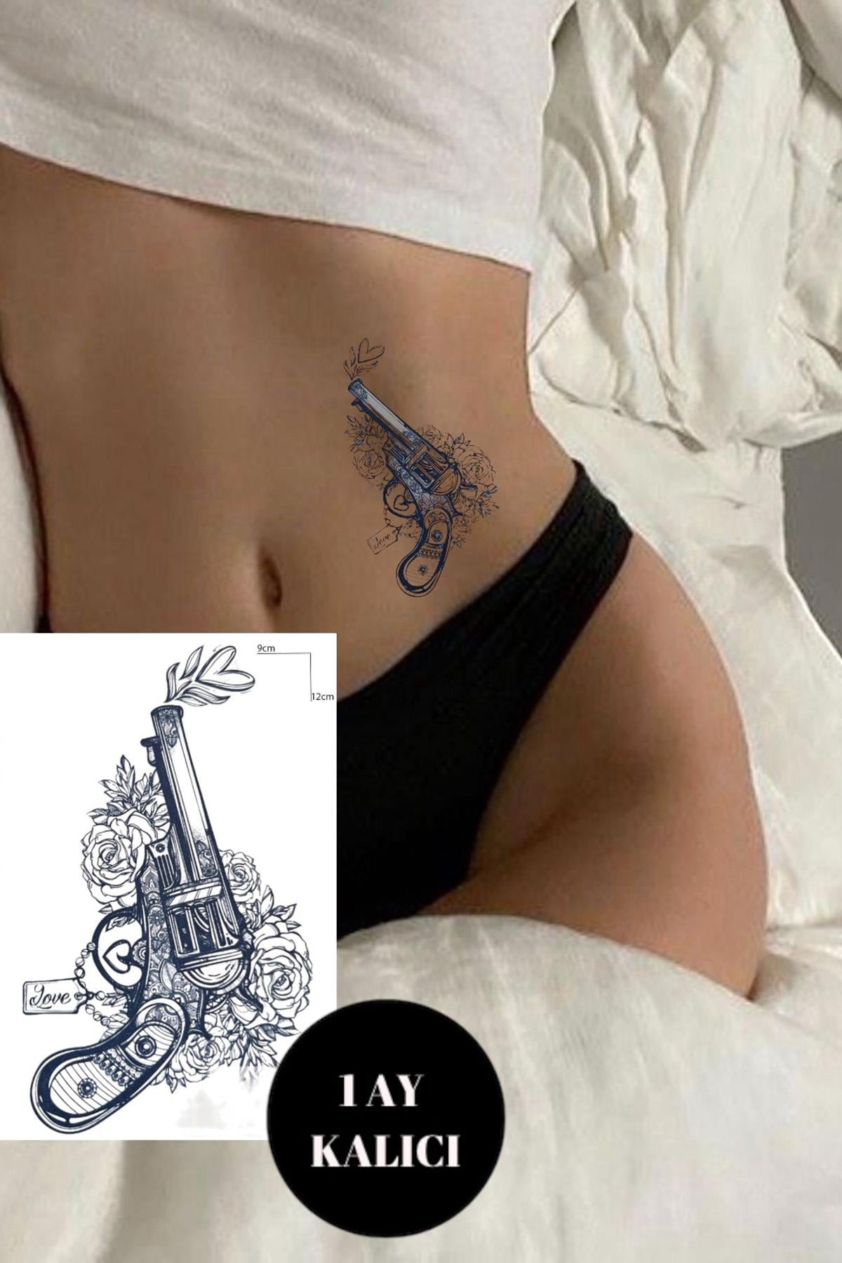 Tabanca Ve Çiçek Figürlü 12 Saat Sonra Kararan Geçici Dövme Tattoo