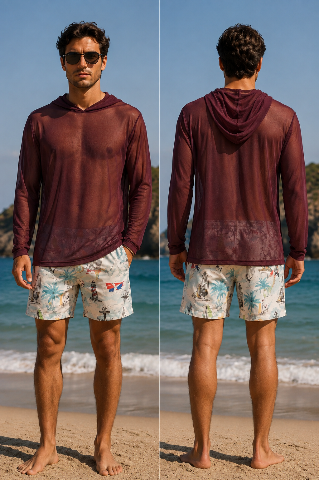 Erkek Kapşonlu Tül Plaj T-Shirt