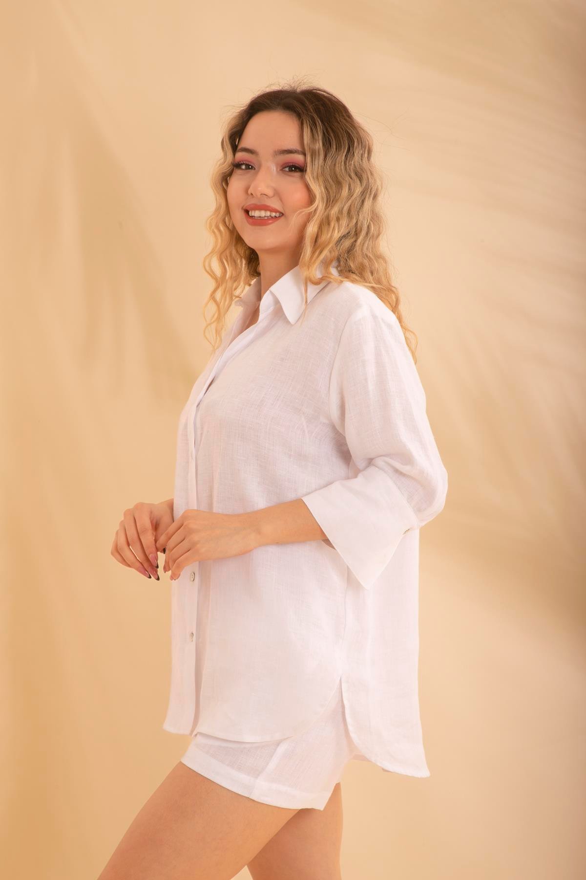 Keten Şort Takım Beyaz Bnts-23015