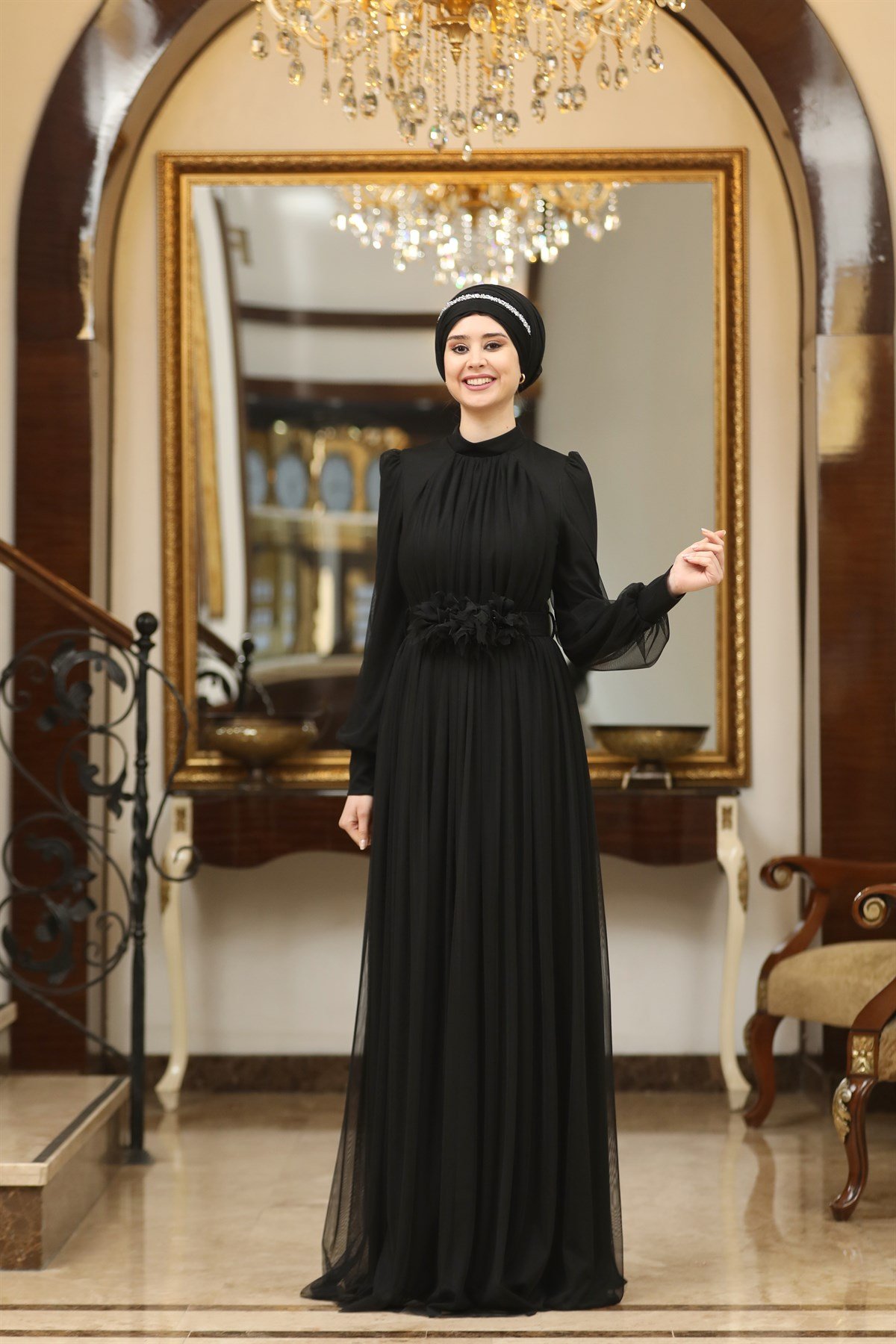Çiçek Tesettür Abiye Siyah