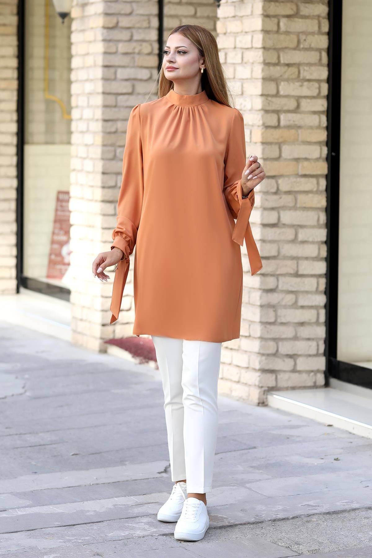 Esila Double Krep Kumaş Tunik - Camel