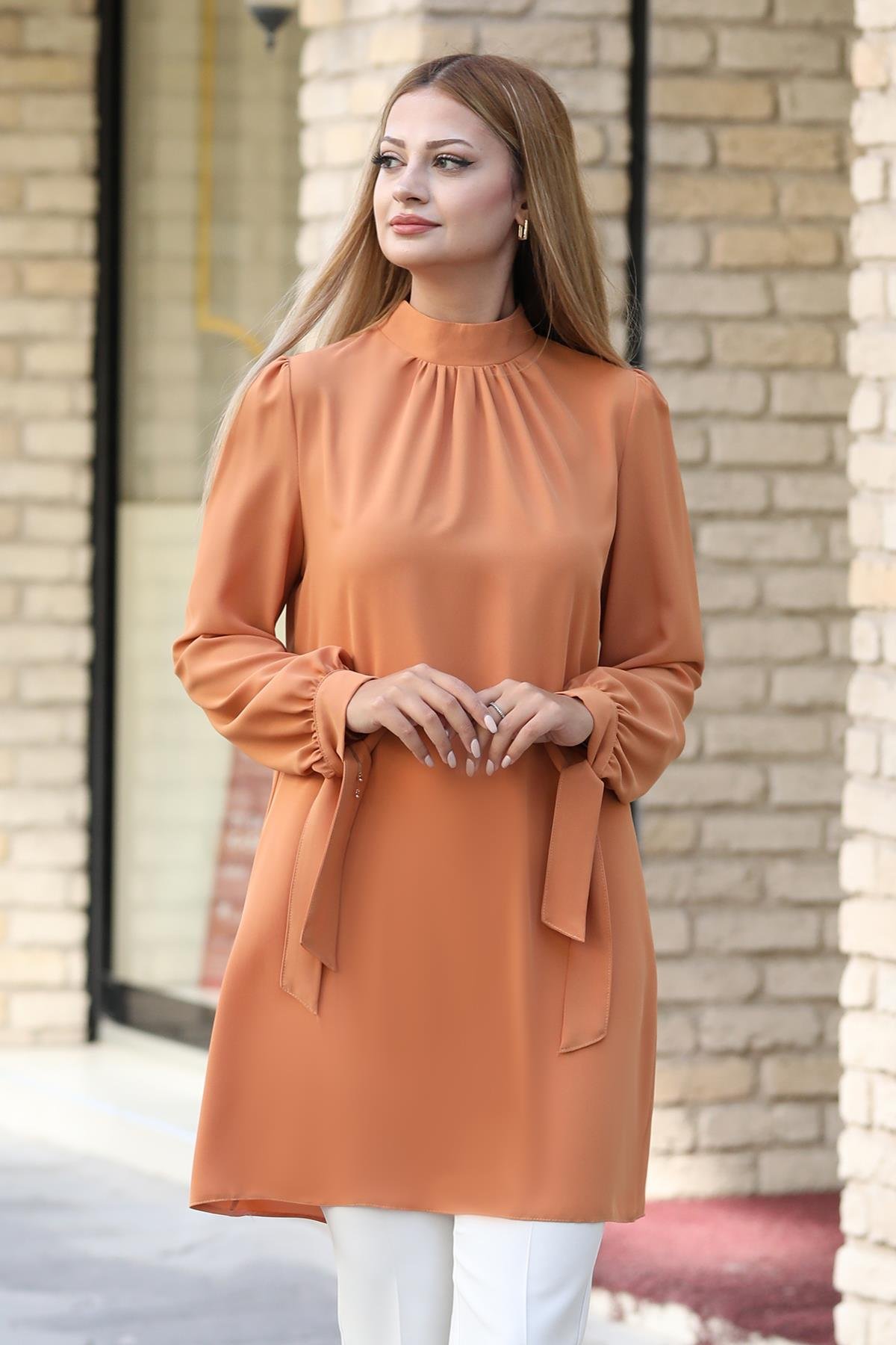 Esila Double Krep Kumaş Tunik - Camel
