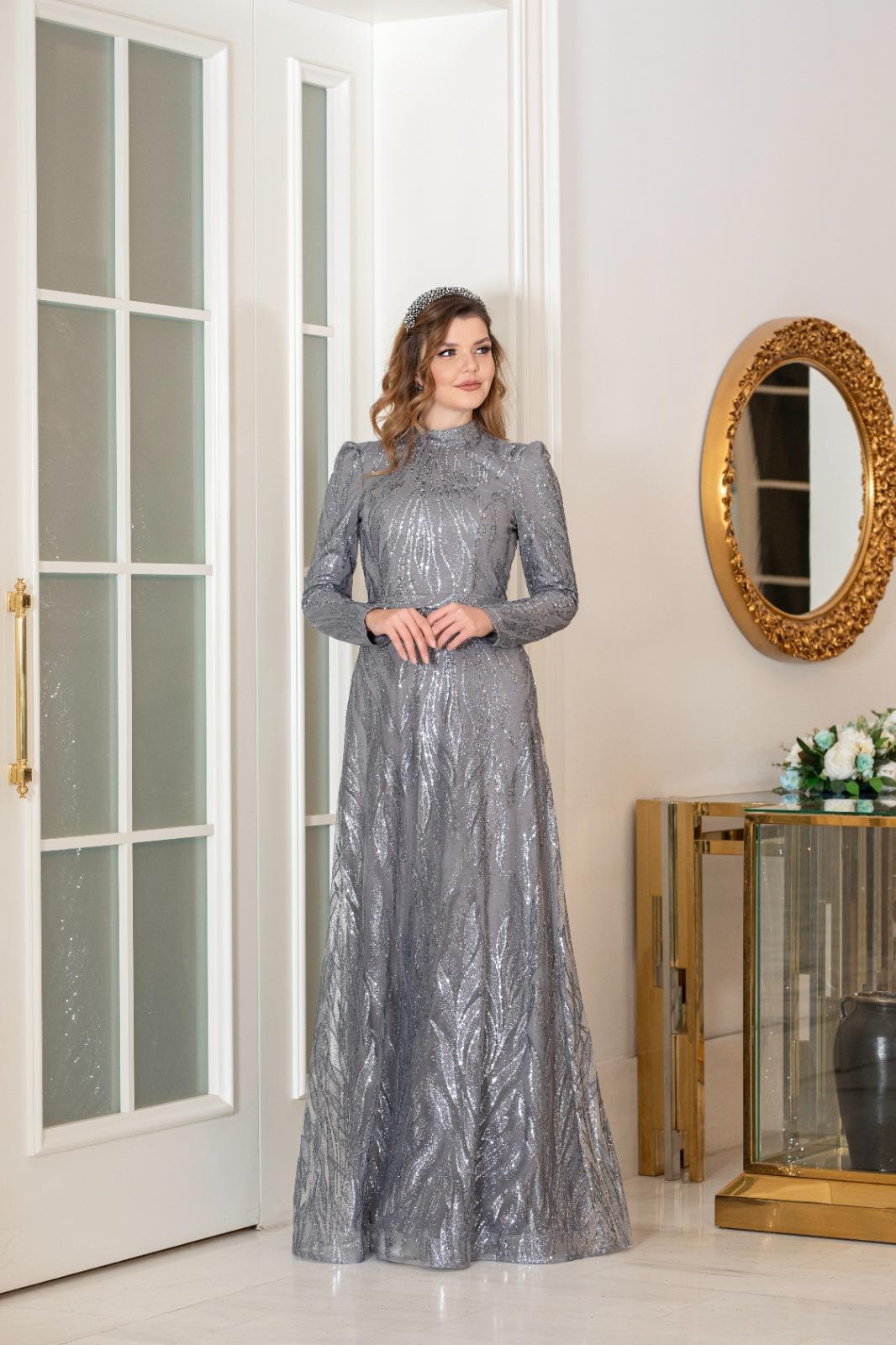 Rüya Parlak Glitter Kumaş Belde Kemer Detaylı Abiye - Gümüş
