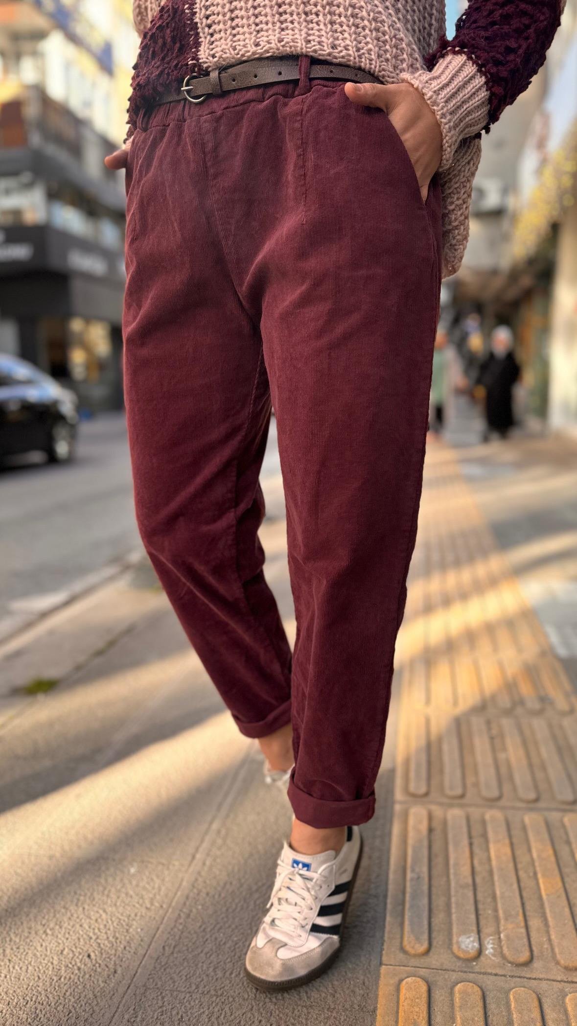 Bordo Kemerli Pantolon  