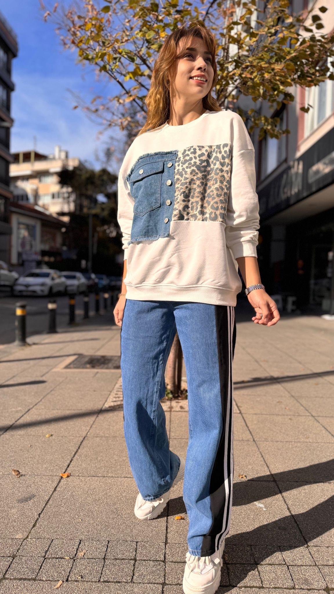 Cep Detay Leoparli Sweat 