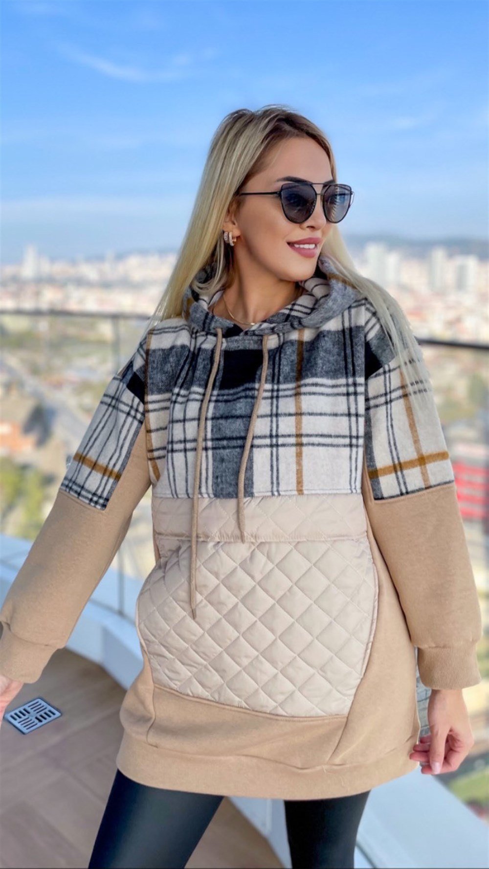 Cep Detaylı Ekoseli Sweat