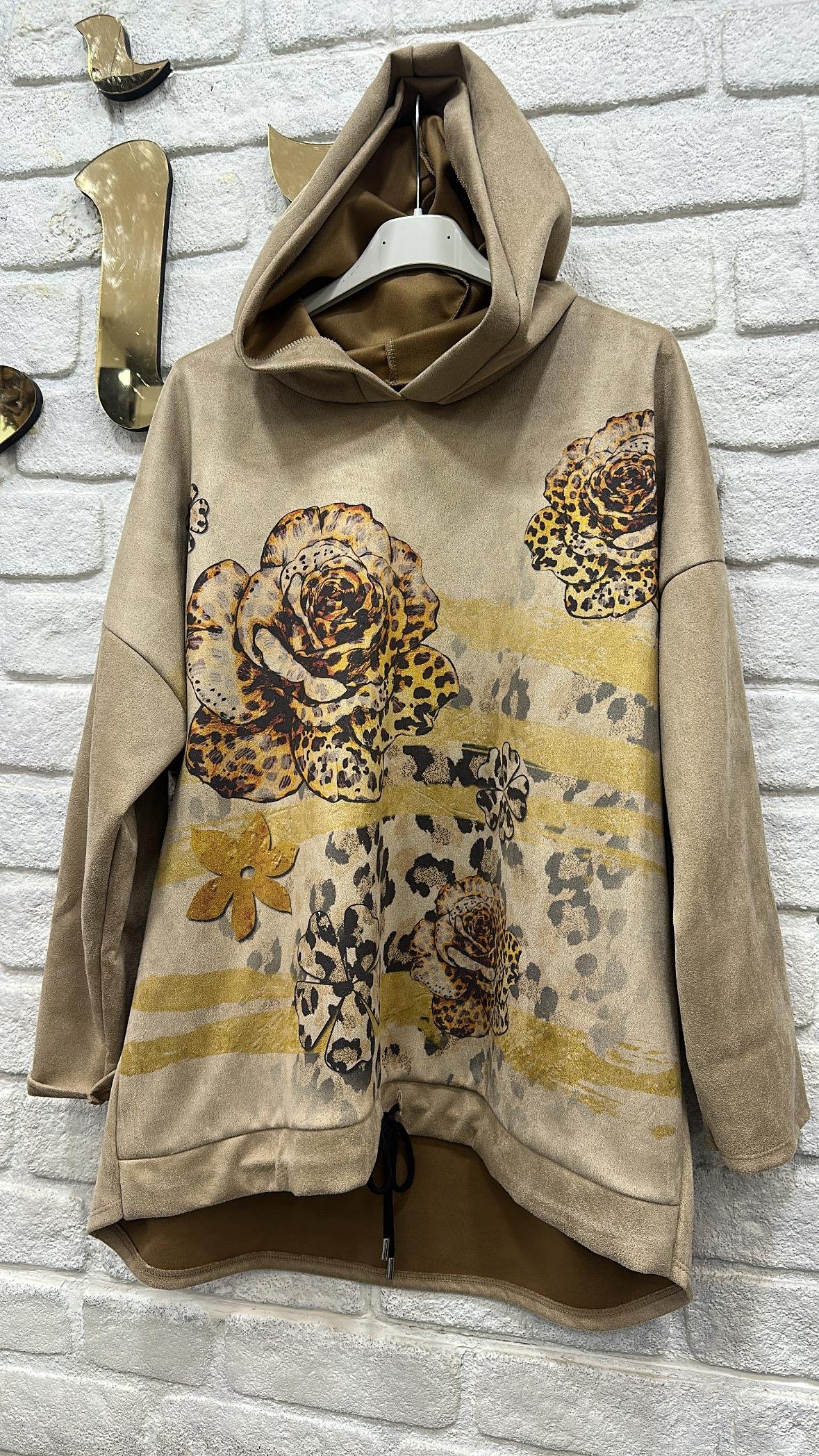 Çiçek Leopar Kapşonlu Sweatshirt 