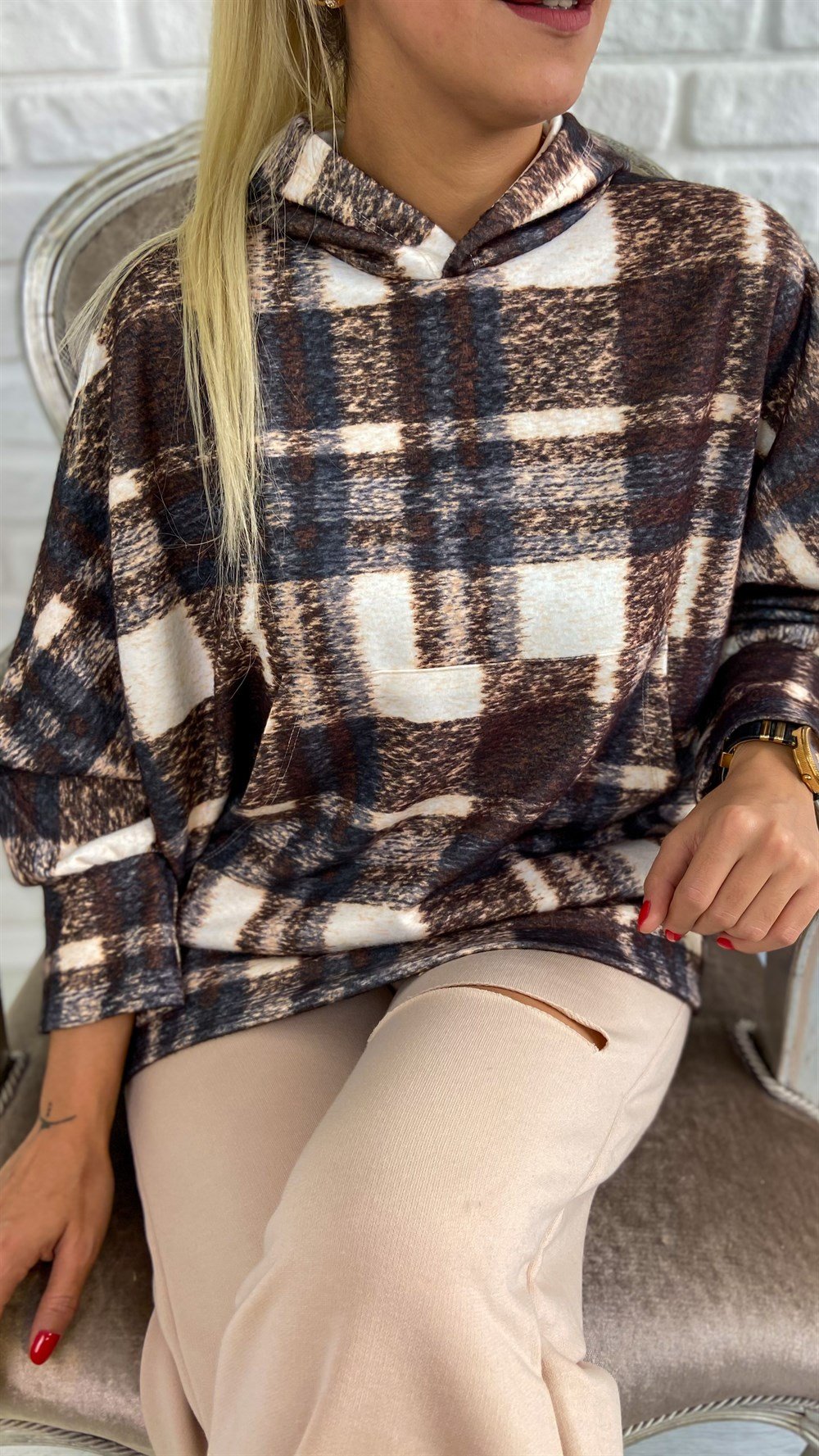 Ekoseli Kapşonlu Sweat