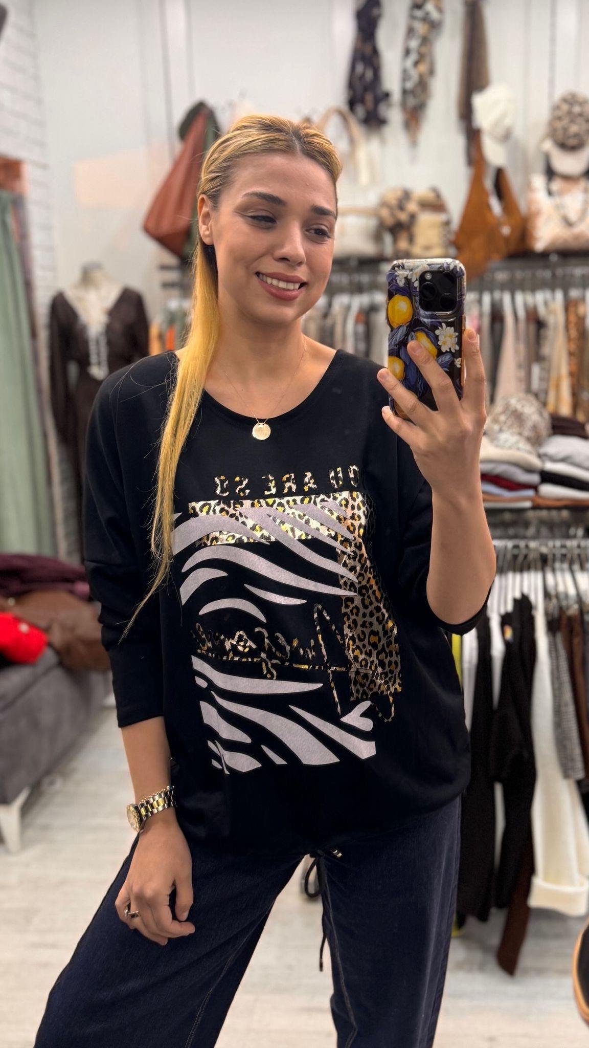 İki Renk Leopar Desen Bluz
