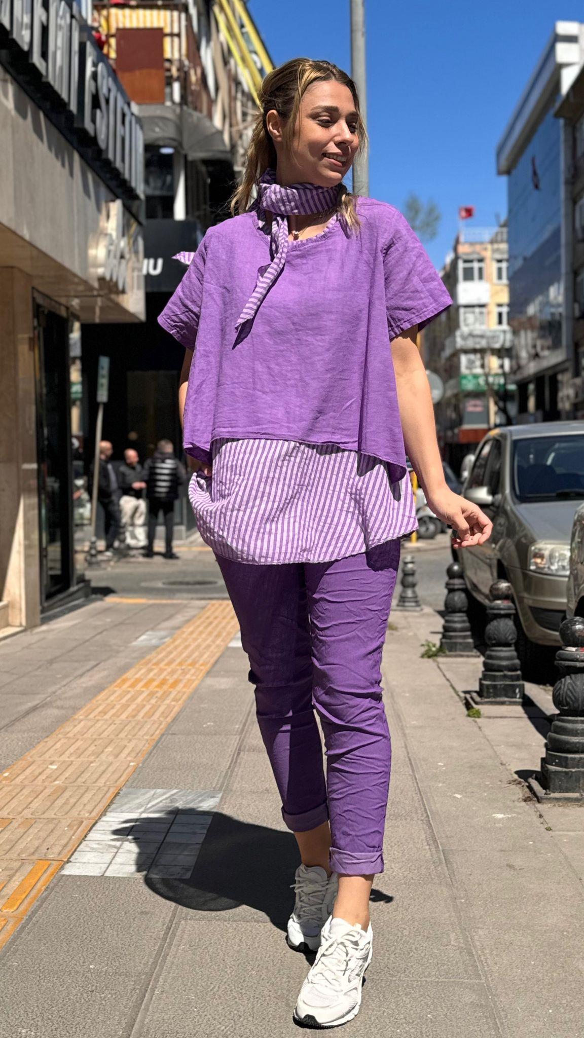 İthal Çizgili Keten Bluz