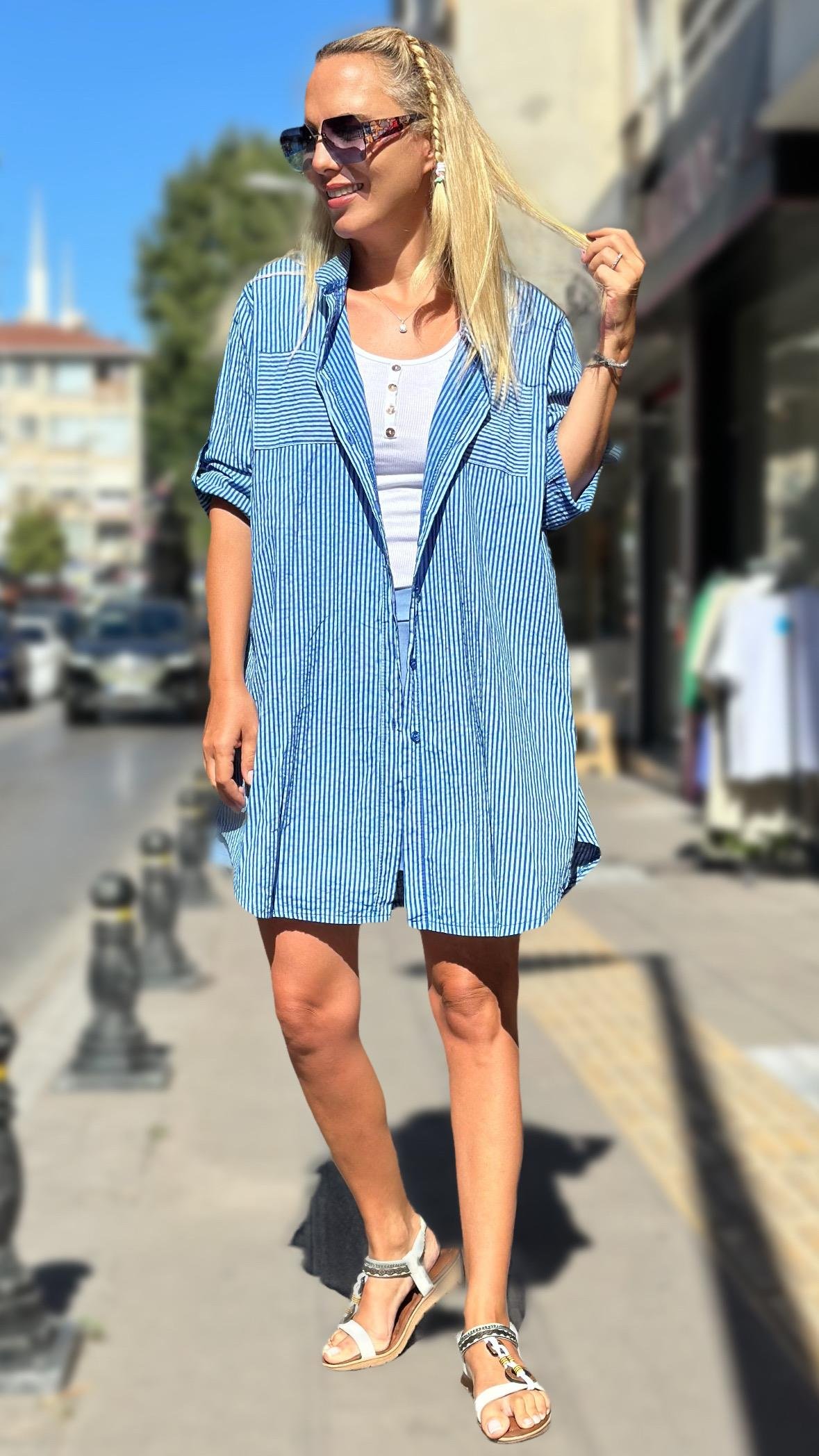 İthal Gömlek Elbise Çizgili
