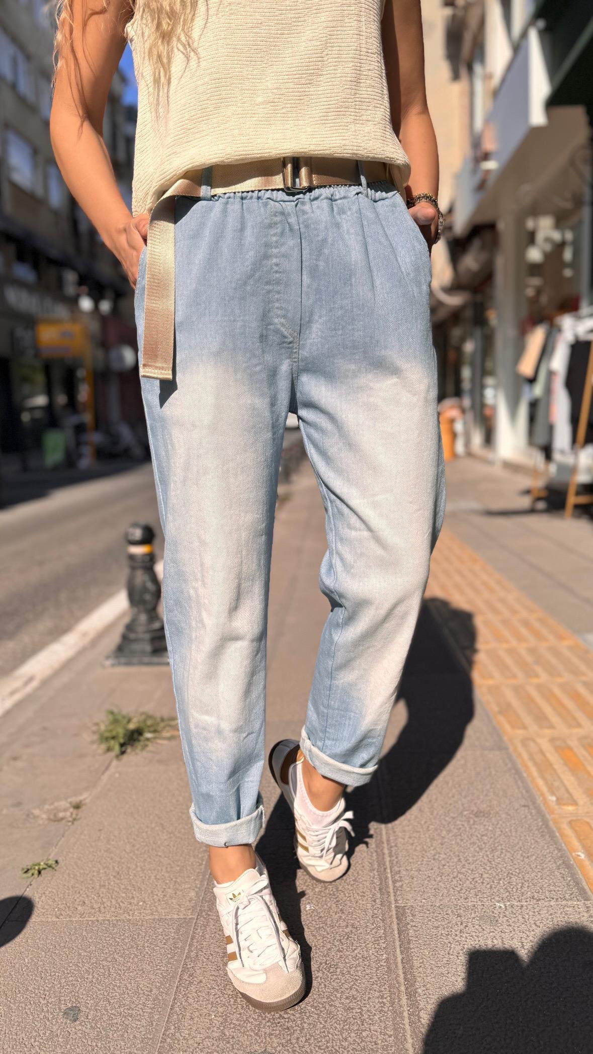 İthal Mavi Kemerli Pantolon