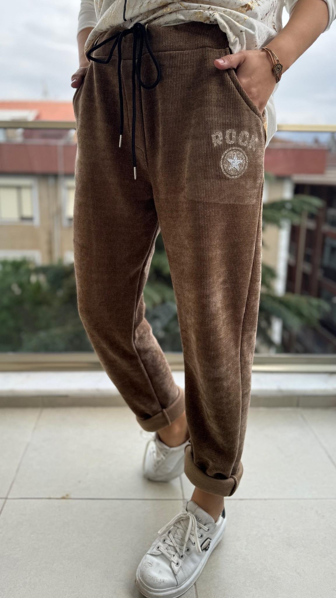 İthal Pantolon Kadife Yazılı