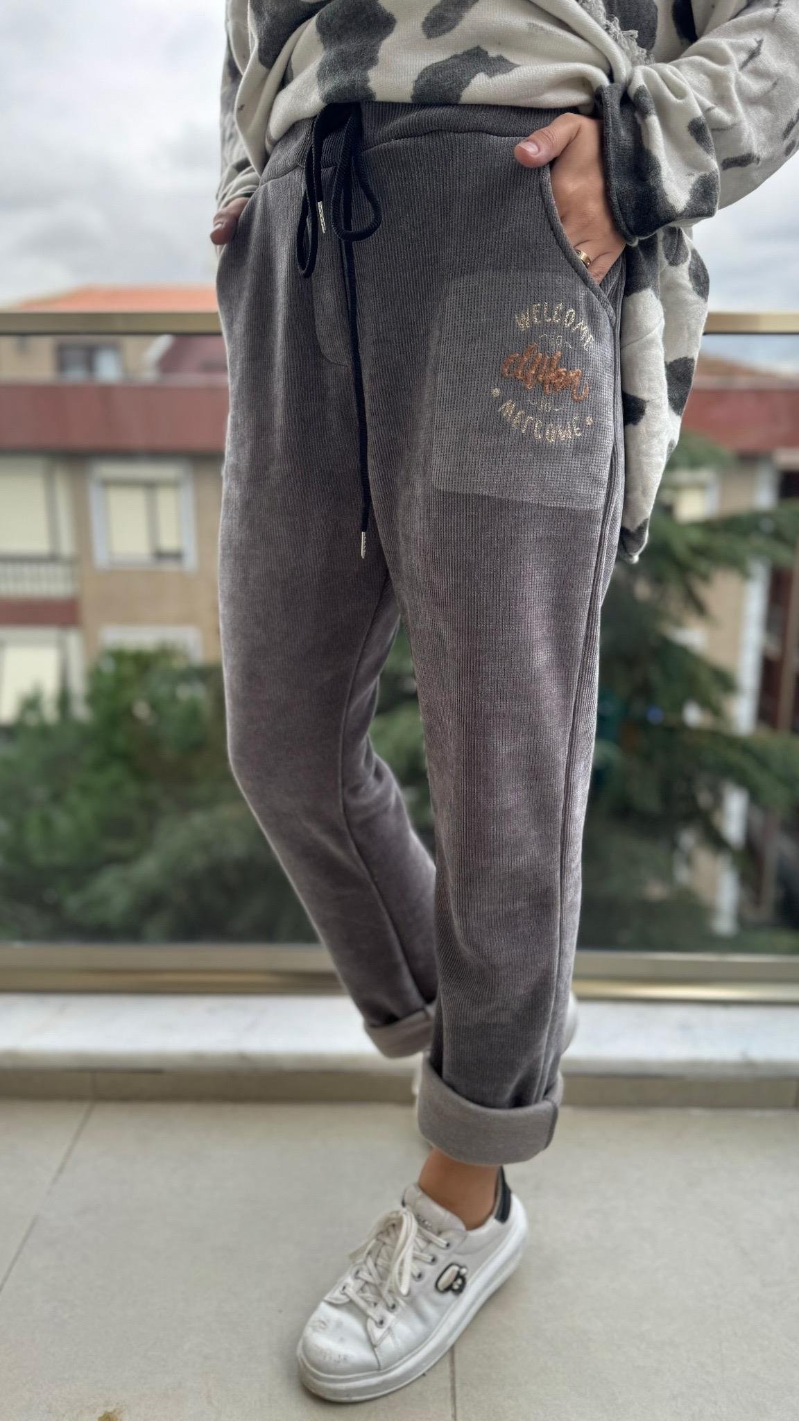 İthal Pantolon Kadife Yazılı