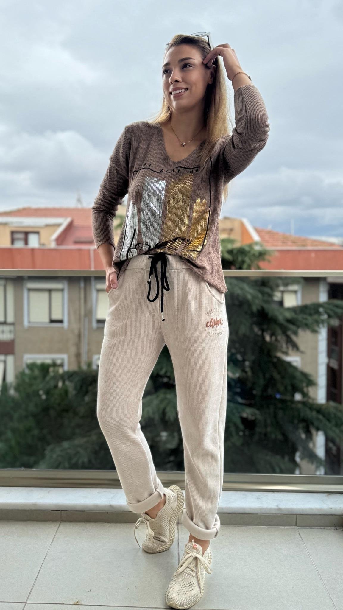İthal Pantolon Kadife Yazılı