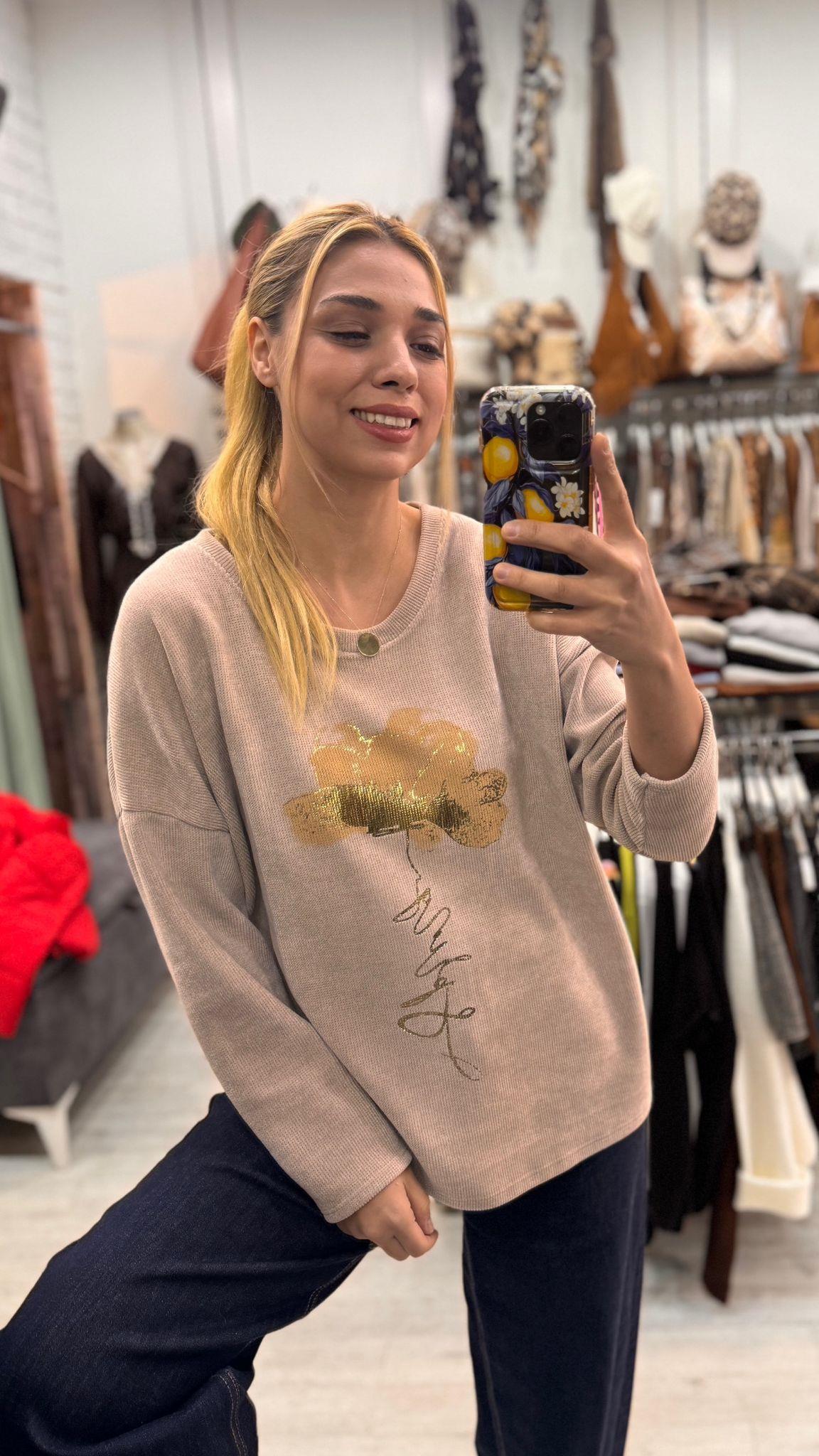 Kadife Çiçek Desen Sweatshirt 