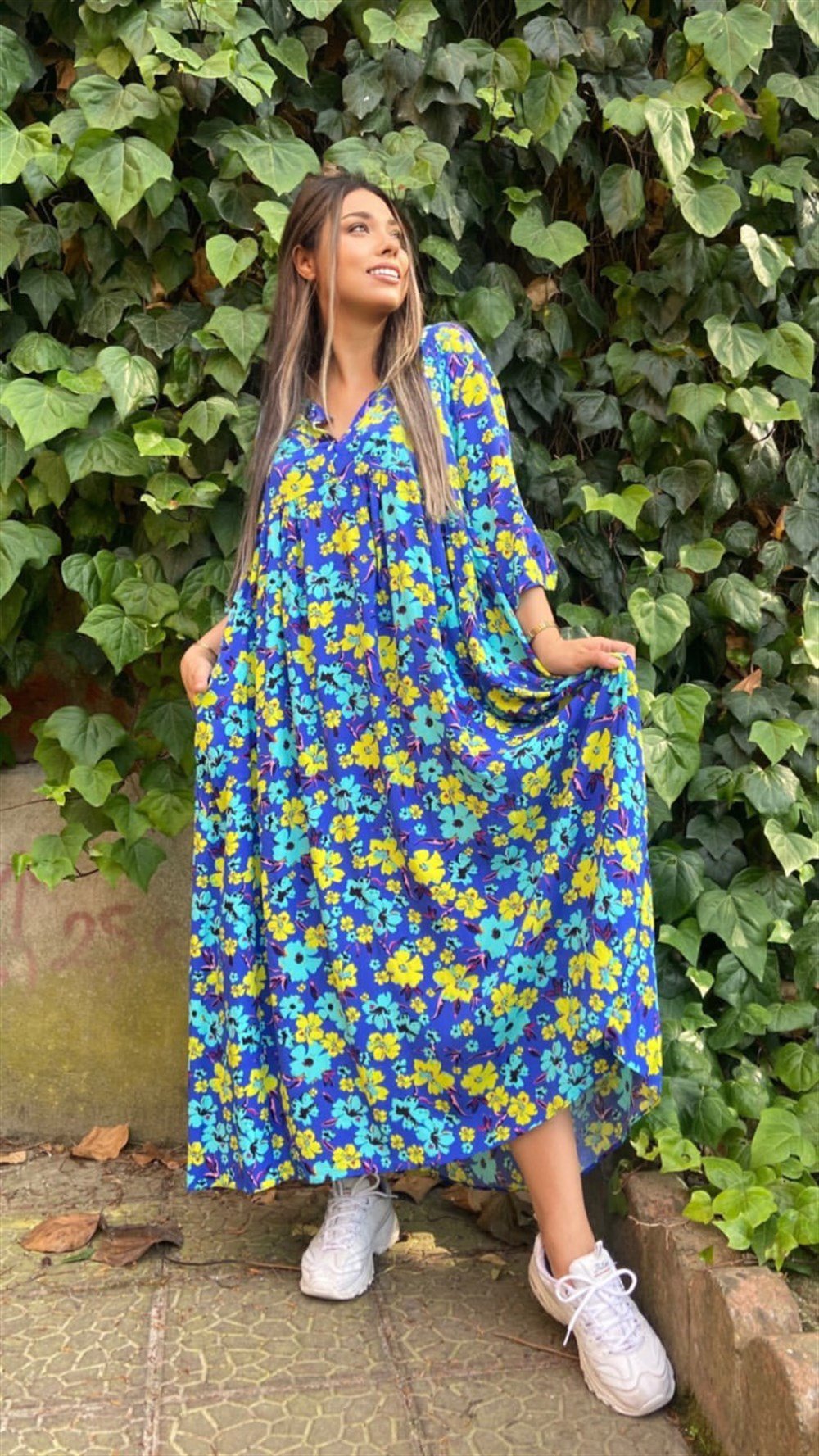 Uzun Sari Çiçekli Elbise 
