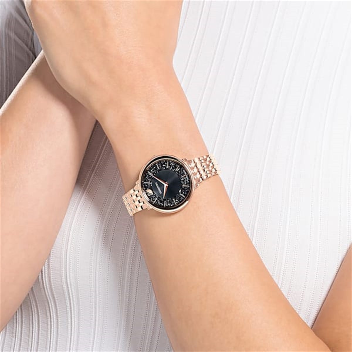 Crystalline Chic Saat, Metal Bileklik, Siyah, Pembe Altın PVD Kaplama 