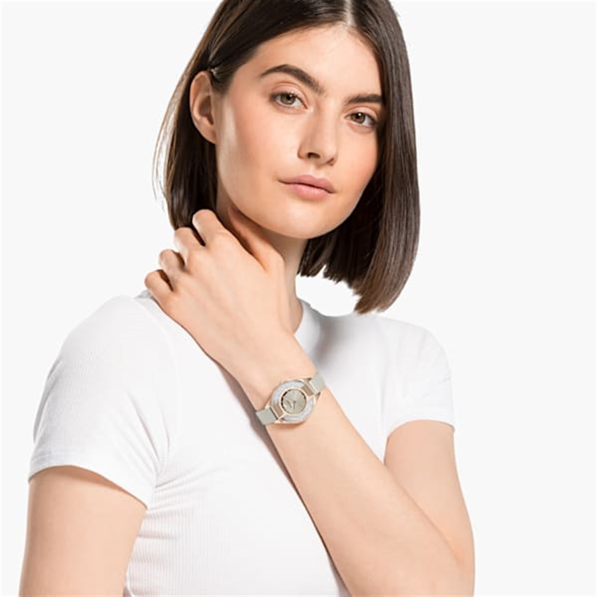 Crystalline Sporty Saat, Gri, Deri Kayış, Şampanya Altın Rengi PVD Kaplama