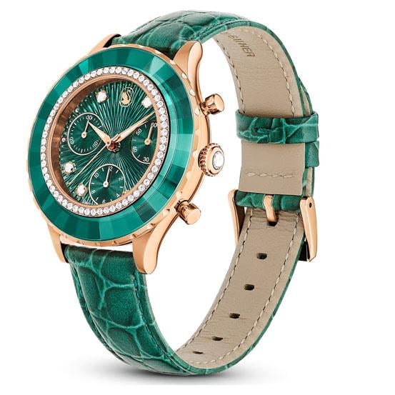 Markasız#N/AOctea Chrono Saat İsviçre Üretimi, Deri kayış, Yeşil, Pembe altın rengi yüzey