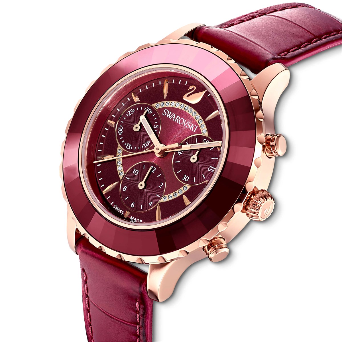 Octea Lux Chrono Saat Deri Kayış Kırmızı Pembe Altın PVD Kaplama