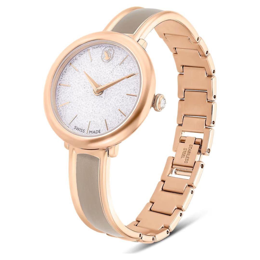 SwarovskiCrystalline Bangle Saat İsviçre Üretimi, Metal bileklik, Bej, Pembe altın rengi yüzey