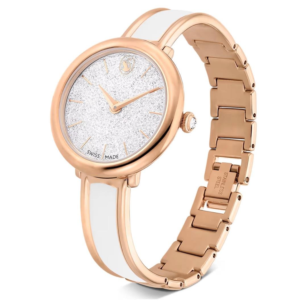 SwarovskiCrystalline Bangle Saat İsviçre Üretimi, Metal bileklik, Beyaz, Pembe altın rengi yüze