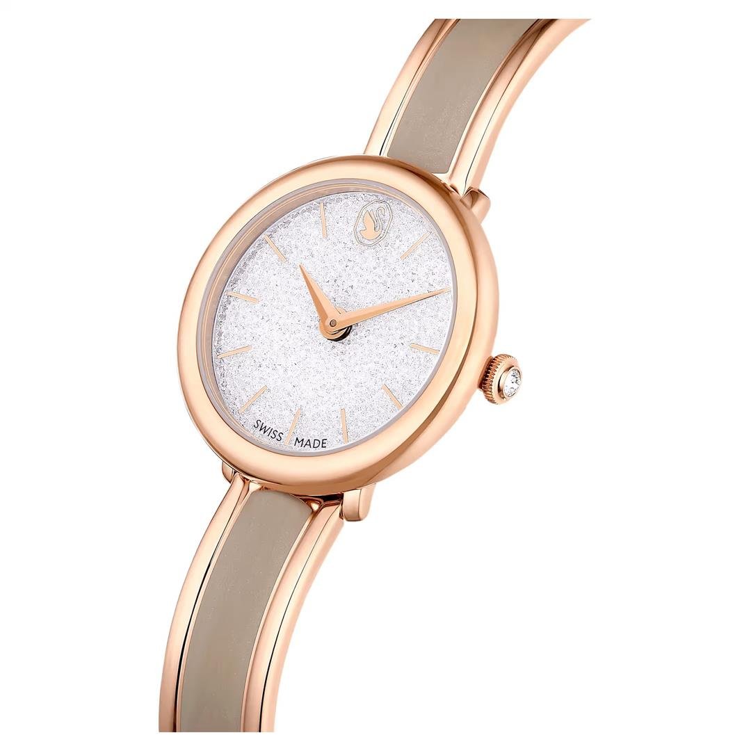 SwarovskiCrystalline Bangle Saat İsviçre Üretimi, Metal bileklik, Bej, Pembe altın rengi yüzey