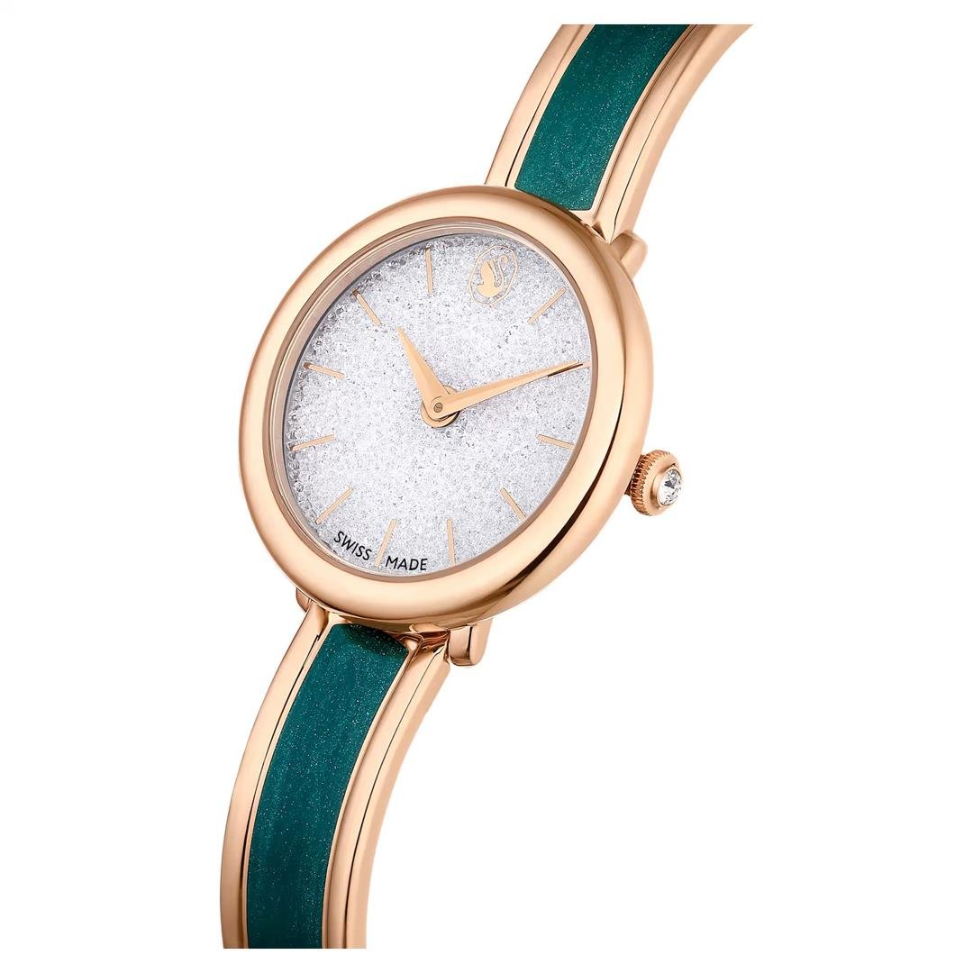 SwarovskiCrystalline Bangle Saat İsviçre Üretimi, Metal bileklik, Yeşil, Pembe altın rengi yüzey