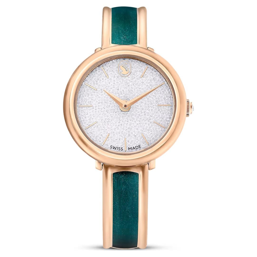 SwarovskiCrystalline Bangle Saat İsviçre Üretimi, Metal bileklik, Yeşil, Pembe altın rengi yüzey