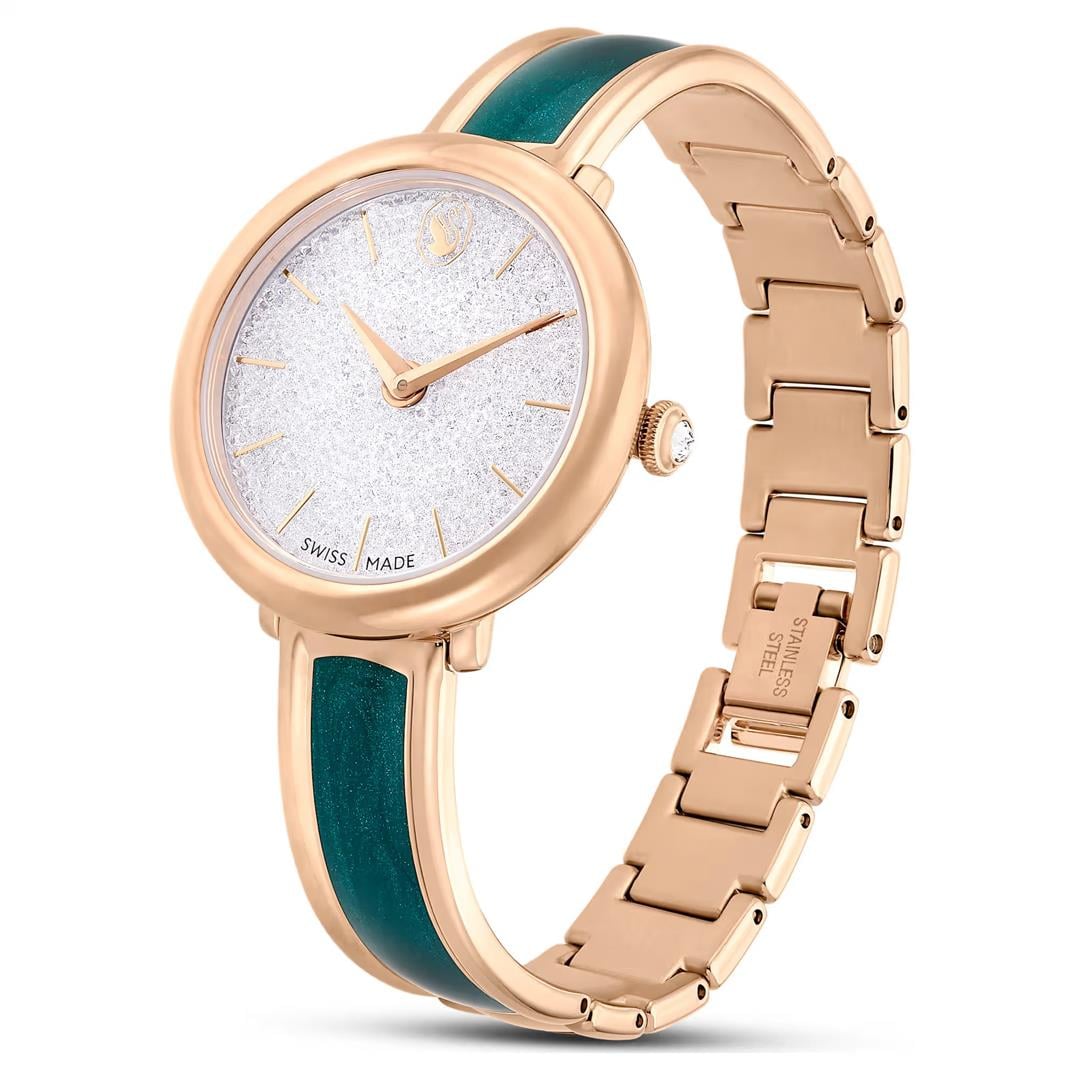 SwarovskiCrystalline Bangle Saat İsviçre Üretimi, Metal bileklik, Yeşil, Pembe altın rengi yüzey