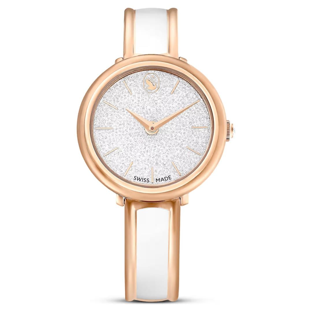 SwarovskiCrystalline Bangle Saat İsviçre Üretimi, Metal bileklik, Beyaz, Pembe altın rengi yüze
