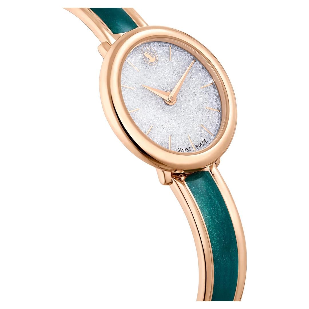 SwarovskiCrystalline Bangle Saat İsviçre Üretimi, Metal bileklik, Yeşil, Pembe altın rengi yüzey