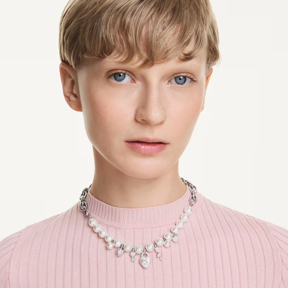 SwarovskiIdyllia Kolye Kristal inci, Karışık kesimler, Beyaz, Rodyum kaplama