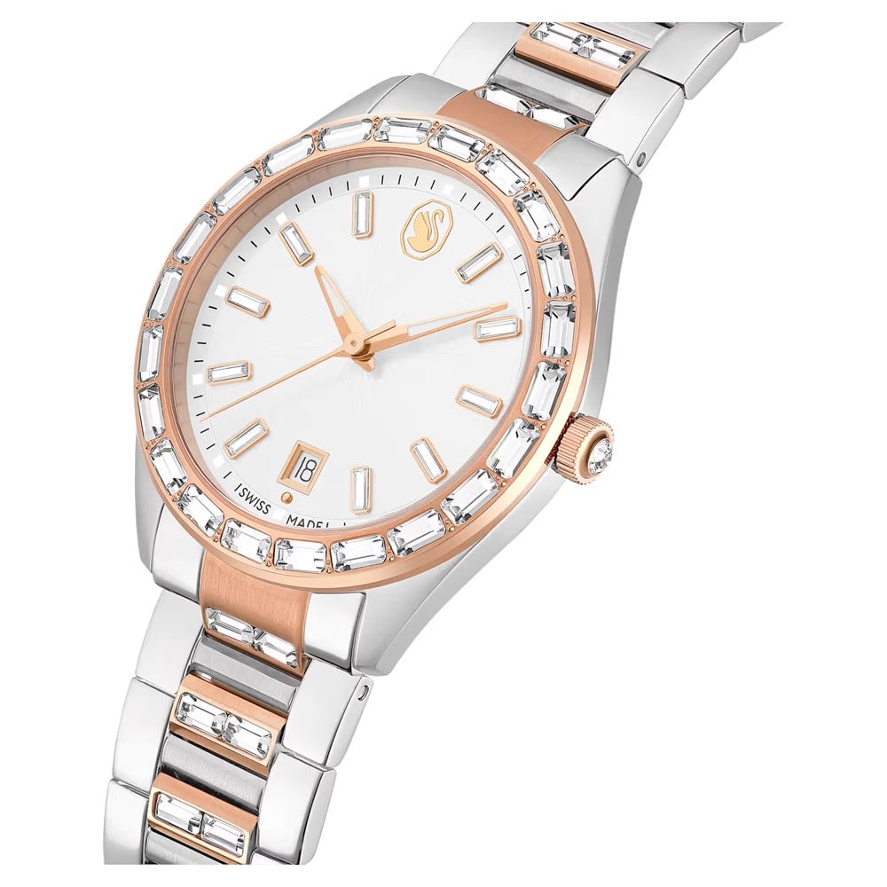 SwarovskiMatrix date Saat İsviçre Üretimi, Metal bileklik, Rose Altın tonu, Karışık metal yüzey