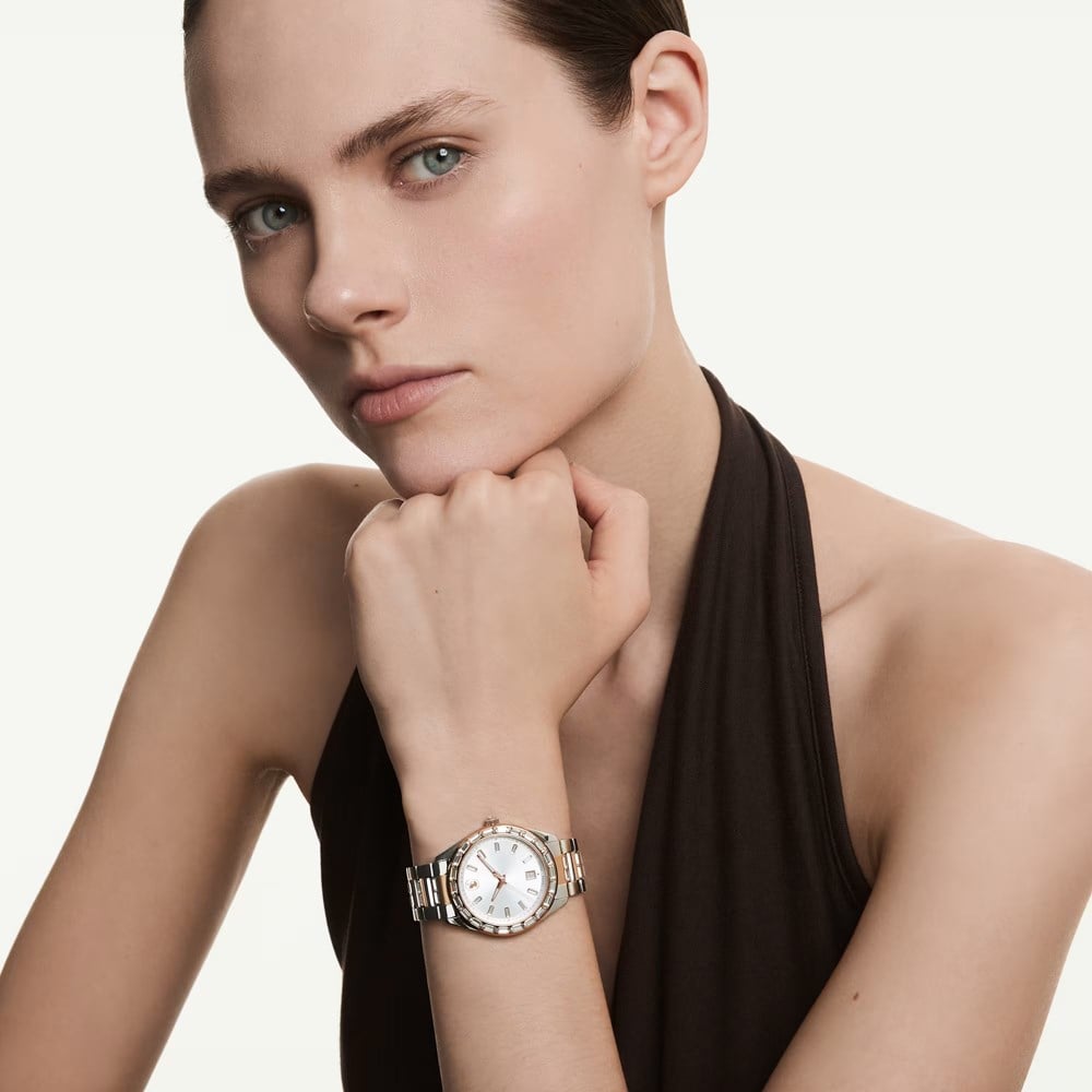 SwarovskiMatrix date Saat İsviçre Üretimi, Metal bileklik, Rose Altın tonu, Karışık metal yüzey