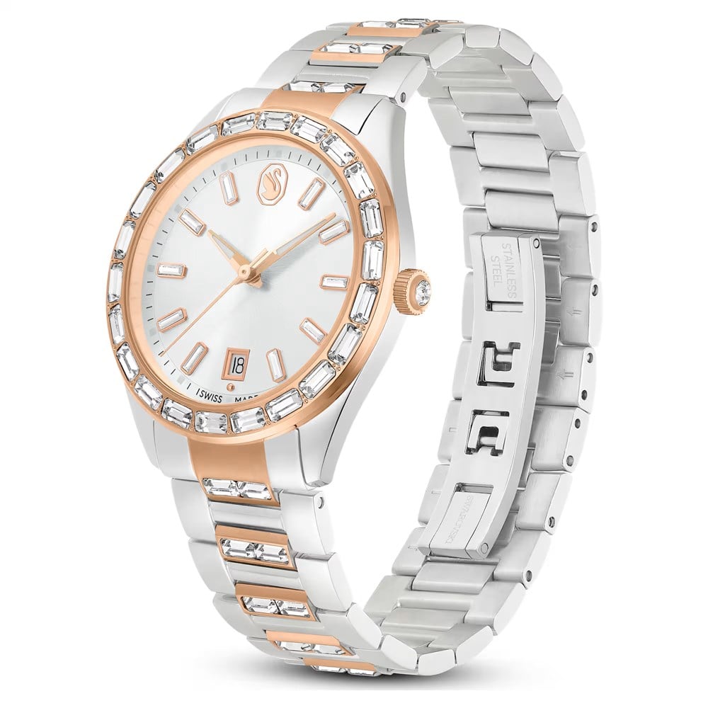 SwarovskiMatrix date Saat İsviçre Üretimi, Metal bileklik, Rose Altın tonu, Karışık metal yüzey