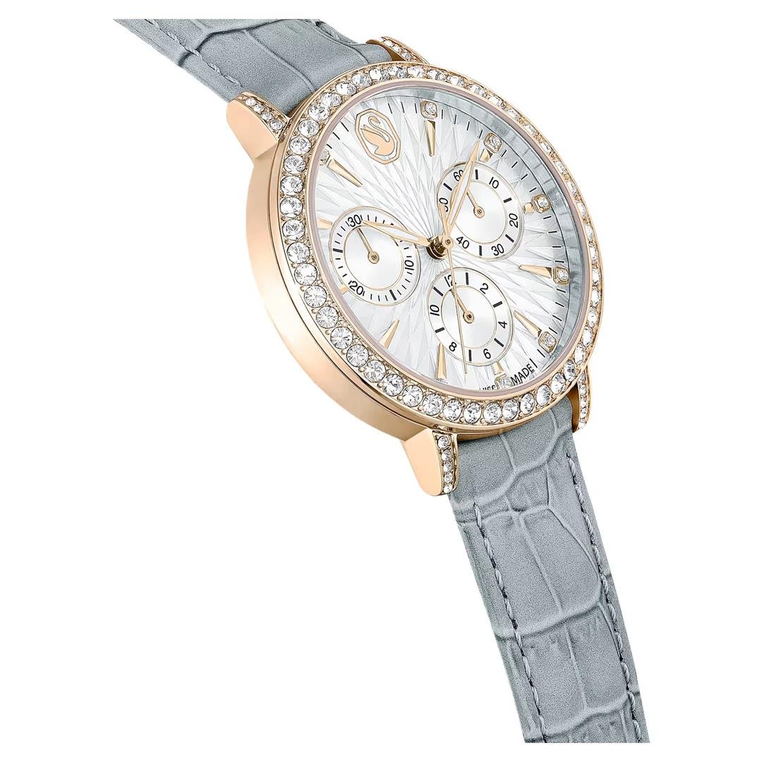 SwarovskiMatrix Tennis Chrono Saat İsviçre Üretimi, Deri kayış, Gri, Şampanya altın rengi yüzey