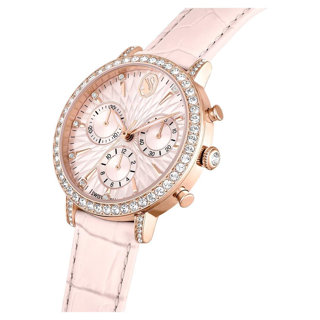 SwarovskiMatrix Tennis Chrono Saat İsviçre Üretimi, Deri kayış, Pembe, Pembe altın rengi yüzey