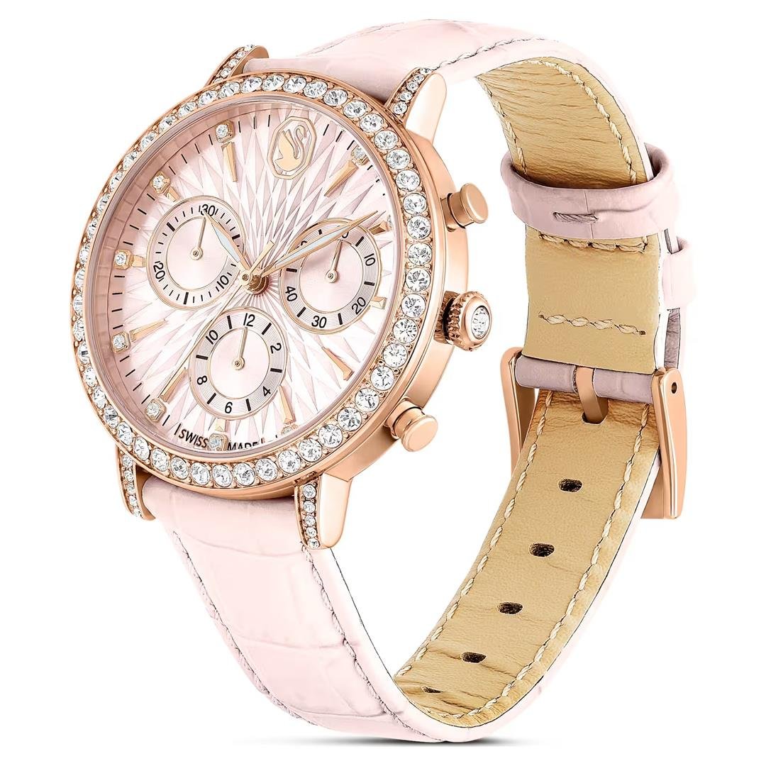 SwarovskiMatrix Tennis Chrono Saat İsviçre Üretimi, Deri kayış, Pembe, Pembe altın rengi yüzey