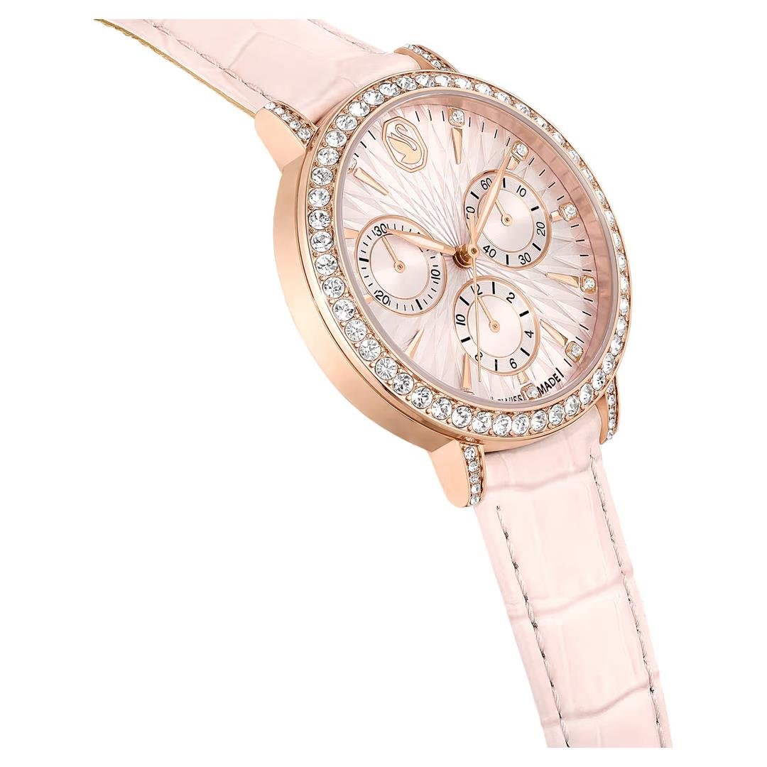 SwarovskiMatrix Tennis Chrono Saat İsviçre Üretimi, Deri kayış, Pembe, Pembe altın rengi yüzey