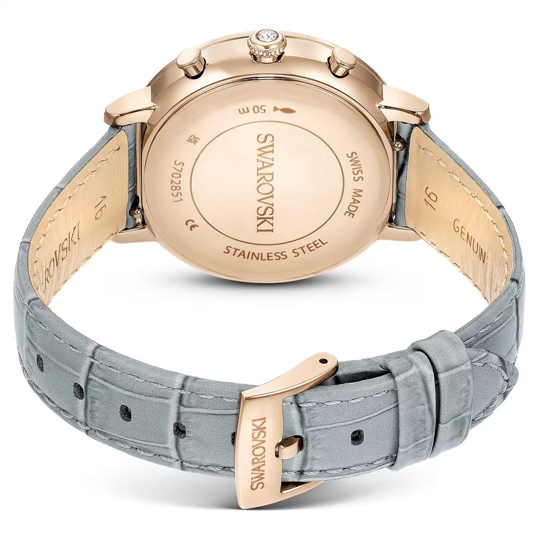 SwarovskiMatrix Tennis Chrono Saat İsviçre Üretimi, Deri kayış, Gri, Şampanya altın rengi yüzey