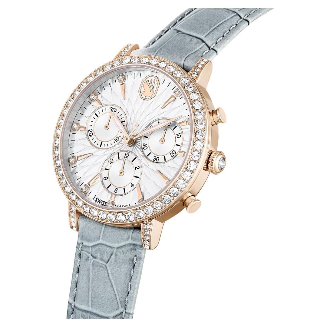 SwarovskiMatrix Tennis Chrono Saat İsviçre Üretimi, Deri kayış, Gri, Şampanya altın rengi yüzey