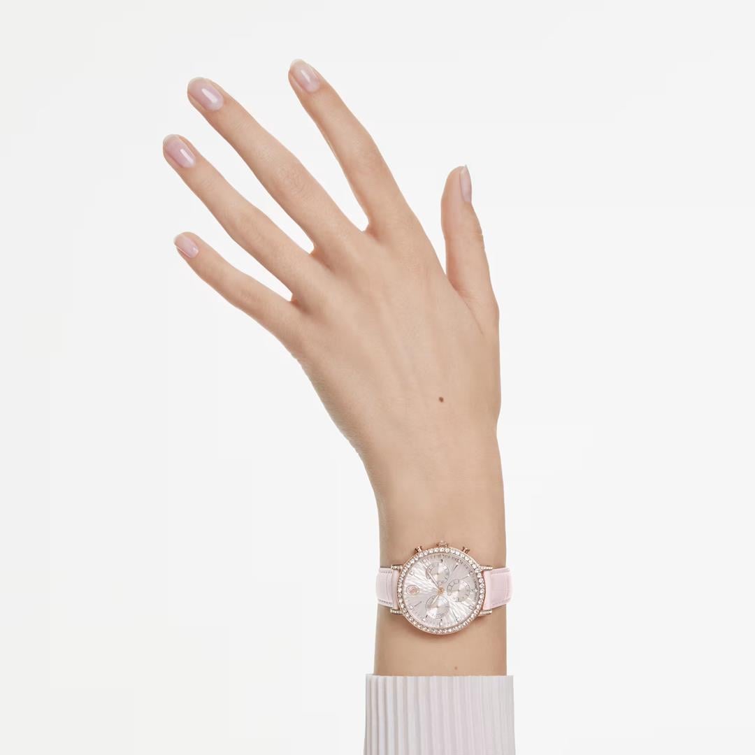 SwarovskiMatrix Tennis Chrono Saat İsviçre Üretimi, Deri kayış, Pembe, Pembe altın rengi yüzey