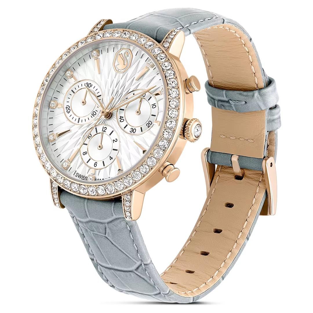 SwarovskiMatrix Tennis Chrono Saat İsviçre Üretimi, Deri kayış, Gri, Şampanya altın rengi yüzey